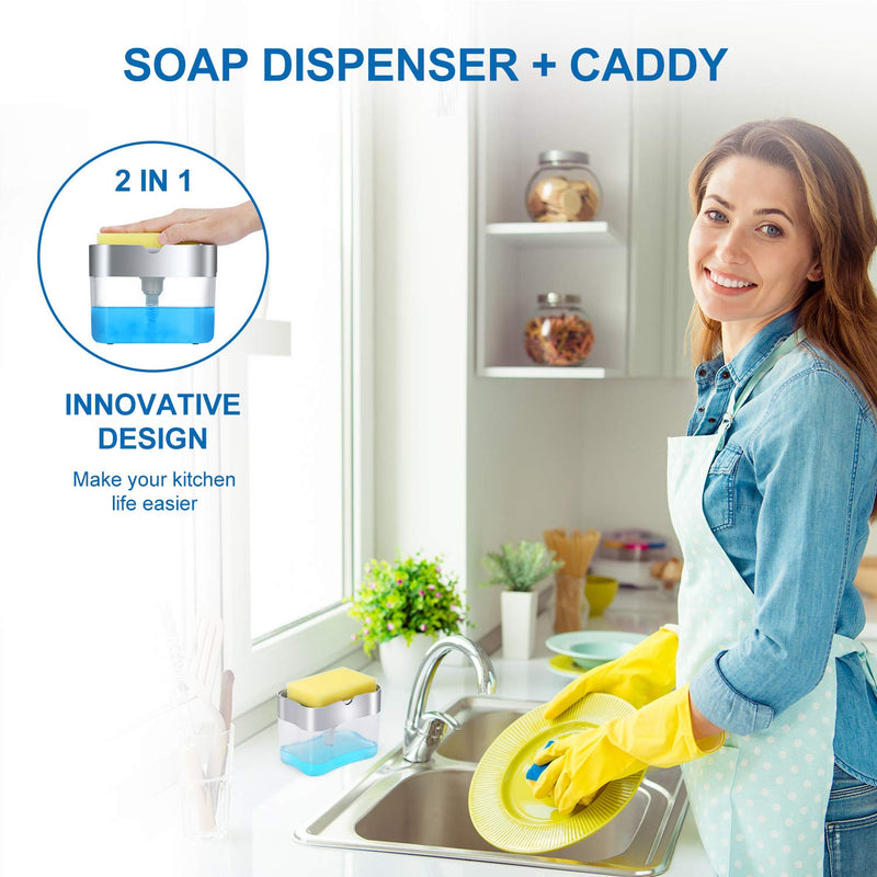 Premium Quality Soap Dispenser with Added Features - Dish Soap Dispenser - Countertop Kitchen Soap Dispenser, Sink Dish Washing Soap Dispenser 13 Ounces (Sponge Included) Silver