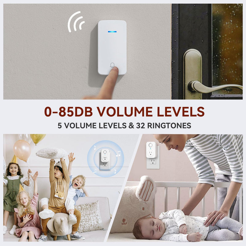 AIDA Wireless Doorbell, Self-powered Doorbell with Extra Socket, No Battery Required Push Button, Cordless Door Bell Ringer, 5 Volume Levels with 32 Doorbell Chimes (White, 1 Button & 1 Receiver) 1 Buttons & 1 Receiver White