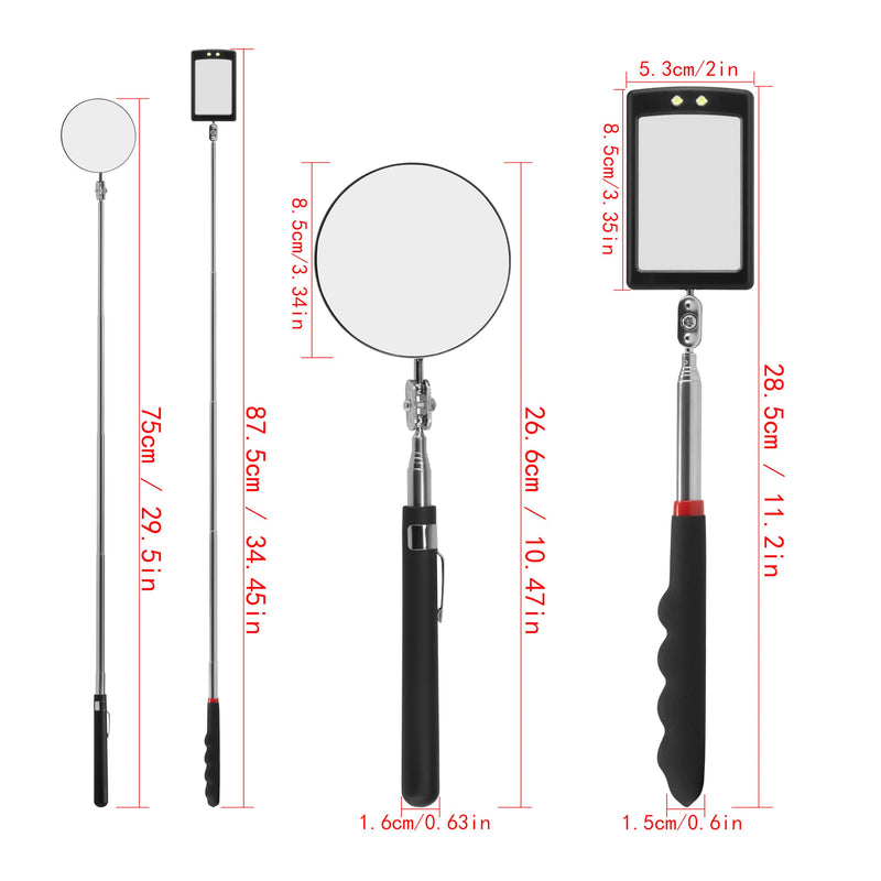 Telescopic Inspection Mirror 360 Rotating telescoping Mirror Mechanics car Mirror on a Stick Diabetic Mirror for feet Long Mirror with Lights and Extendable Mechanic Tool for Automotive