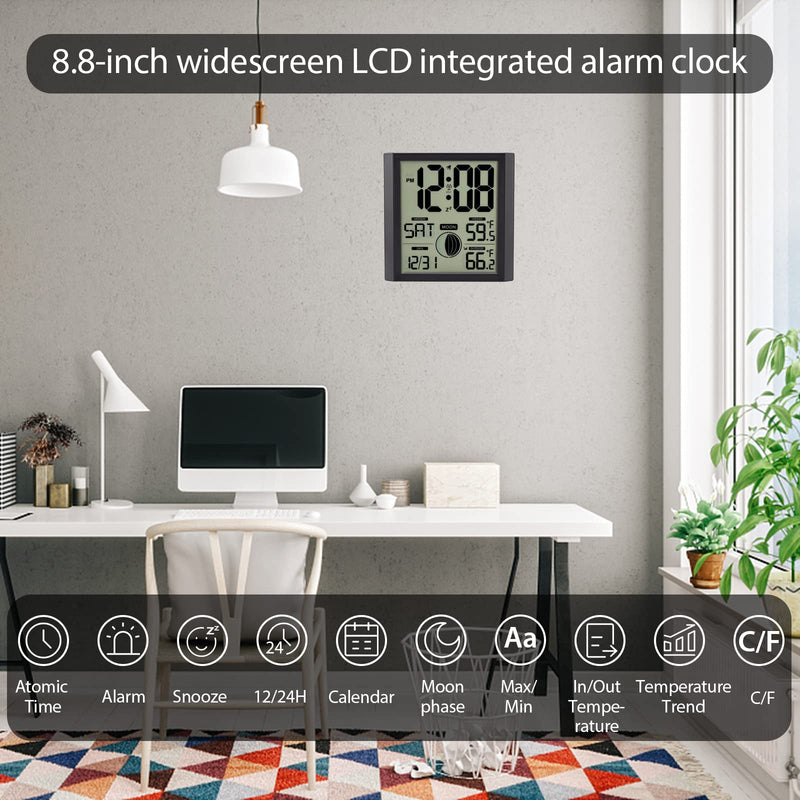 Atomic Wall Clock with Indoor/outdoor Temp Large Number Display Silent Battery Operated Alarm Analog Digital Clocks for Bedroom Dementia Seniors Desk Living Room Office Bathroom Kitchen Shower Black