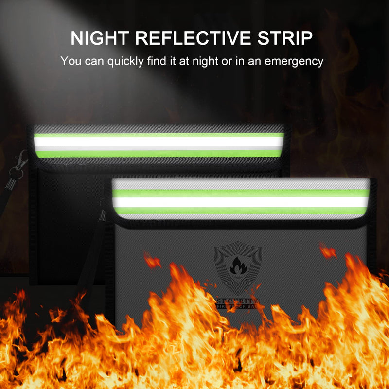 Small Fireproof Money Bag (8.6 x 6.3 inches) with Reflective Strip, featuring a metal zipper and strap. Ideal for storing cash, passports, and valuables. Available in a 2-pack. Upgraded