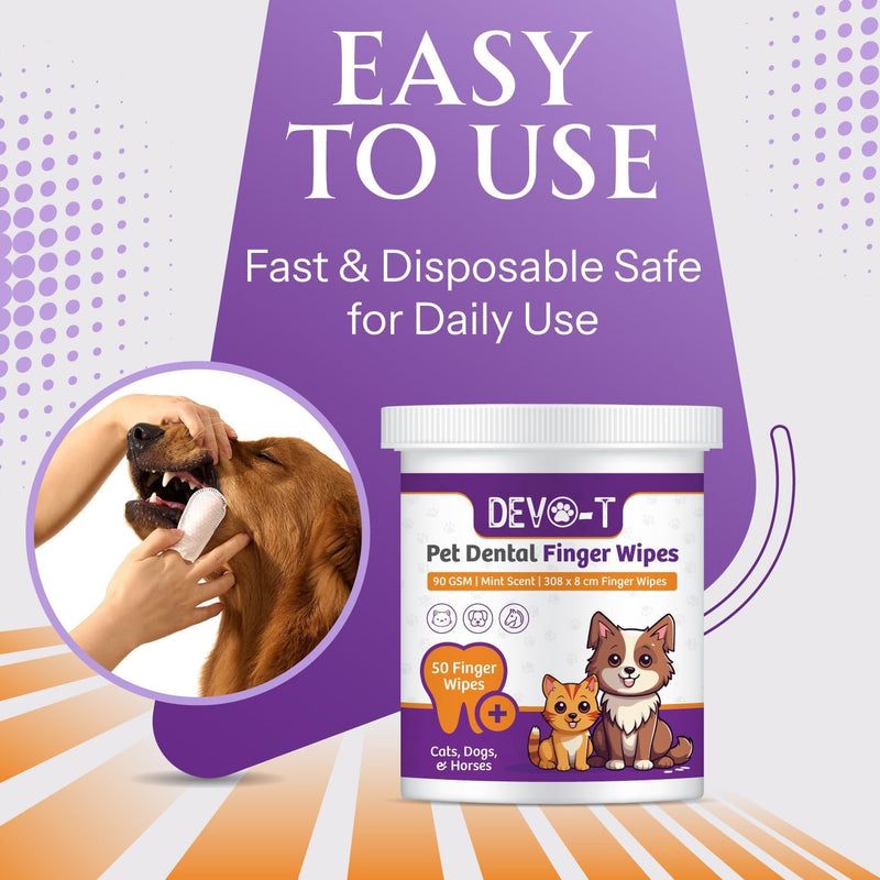 DEVO-T 100% Natural Dog Teeth Cleaning Wipes Mint Scented | 50 Count | Pet Teeth Cleaning Finger Wipes for Dogs, Cats & Horses | Remove Bad Breath, Plaque & Tartar Buildup | Dog Dental Wipes Finger