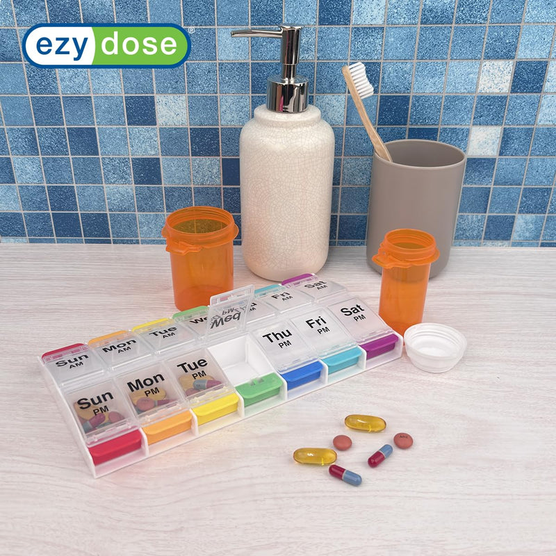 EZY DOSE Push Button (7-Day) Pill Case, Medicine Planner, Vitamin Organizer, 2 Times a Day, AM/PM Container, X-Large Compartments, Arthritis Friendly, Easy to Use, Clear Lids, Rainbow, BPA Free Rainbow/Clear