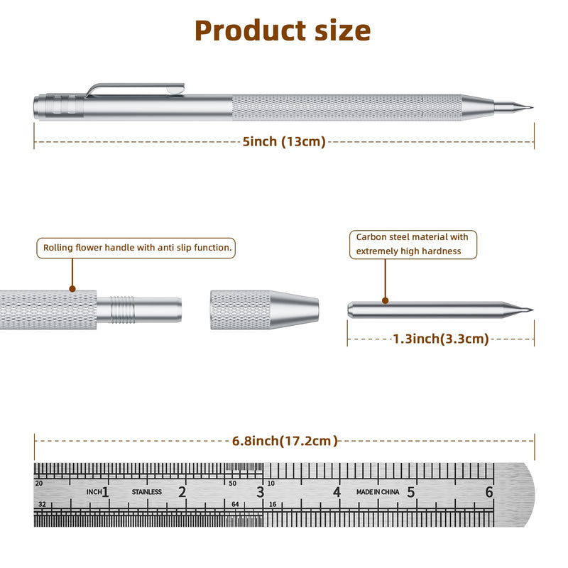 5-Pack Tungsten Carbide Scriber, Metal Scribe Tool with 25 Replacement Marking Tips & Steel Ruler - Knurled Aluminum Handle & Magnet, Engraving Pen for Glass/Ceramics/Metal Sheet (5) 5