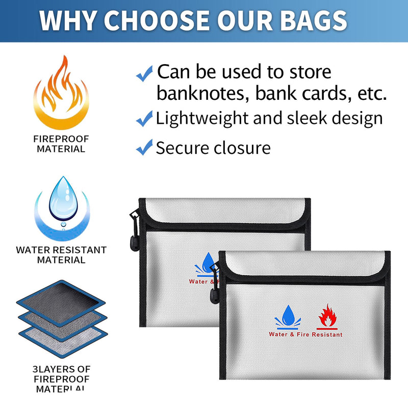 Fireproof Document Bag,Including a Set of fire-Resistant Wallet Security Pouches 9 x 7 in with a Non-irritating Silicone Coating,for Secure Storage of Cash, Important documents