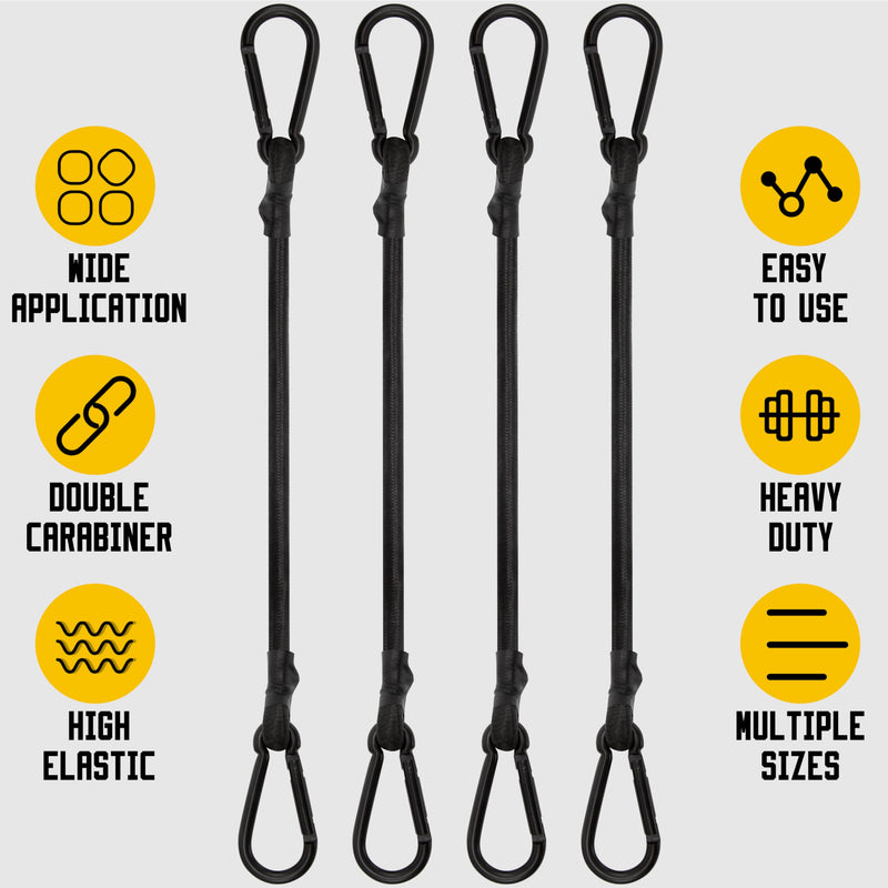 Bungee Cords with Carabiner, 12 Inch Long Heavy Duty Bungee Cords with Carabiner Clip Outdoor, 1/3 Inch Black Extra Strong Elastic Rope with Carabiner Hooks for Camping, Tarps, Bike Rack, Tent, 4 Pack