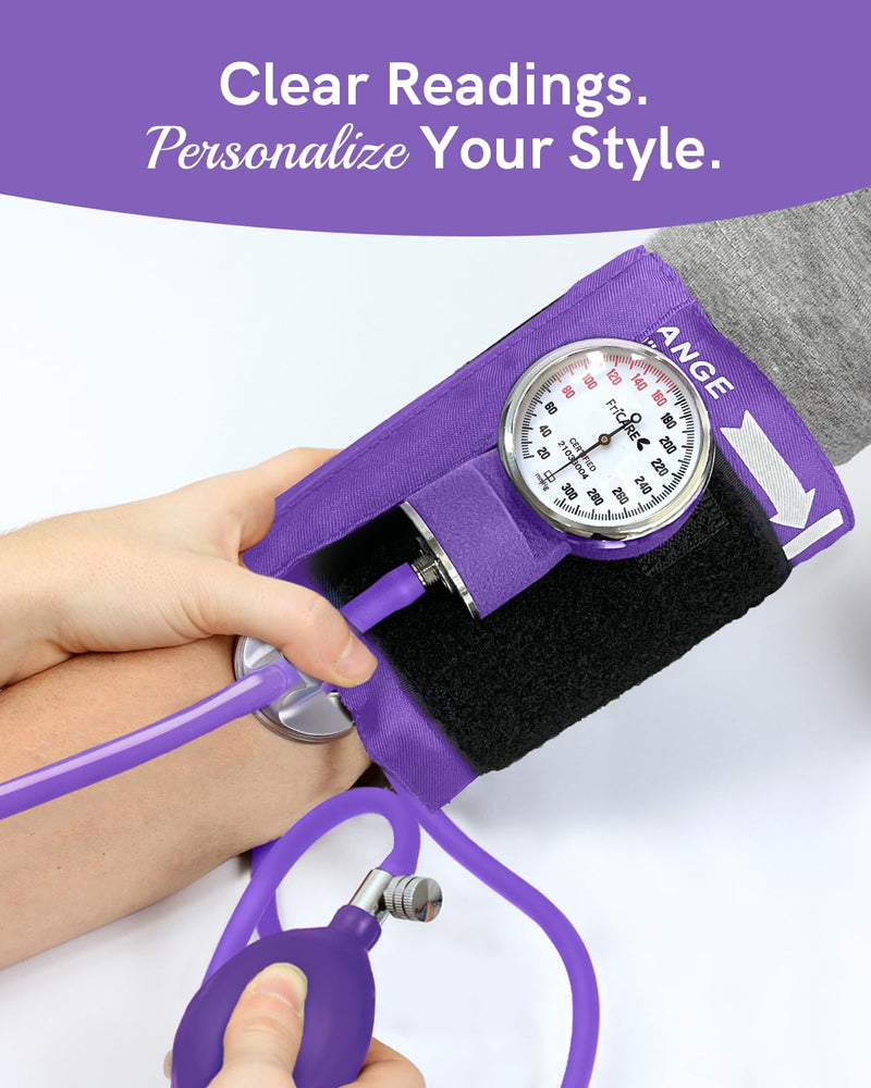 FriCARE Manual Blood Pressure Cuff Kit for Nursing Students - BP Cuff for Home Health Use - Sphygmomanometer for Medical School Essentials - Lifetime Calibration Support, Carrying Case, XL, Purple Roland Purple
