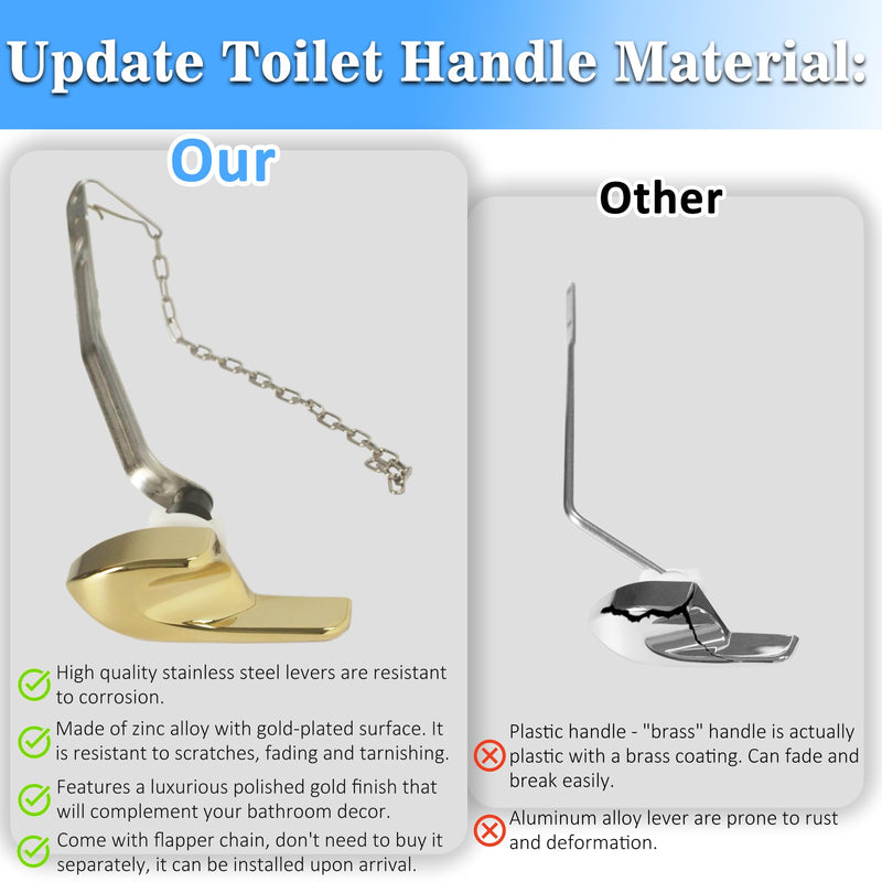 Toilet Handle Replacement Kit, Universal Side Mount Toilet Tank Flush Lever with Stainless Steel Flapper Chains Compatible with Kohler K-87115 Trip Lever, Polished/Shiny Gold Polished Gold