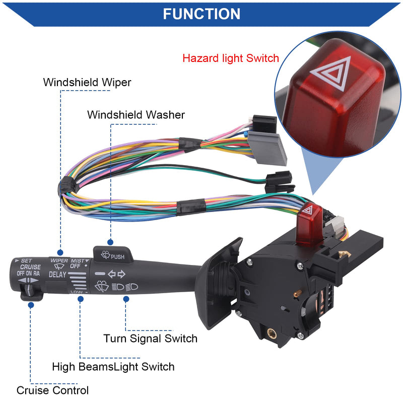 Obaee Multi-Function Combination Switch with Turn Signal, Wiper, Hazard, Cruise Control Compatible with 1995-2002 Chevy Tahoe S10 GMC C1500 K1500 Suburban Yukon, Replaces 2330814, 26100985, 26036312