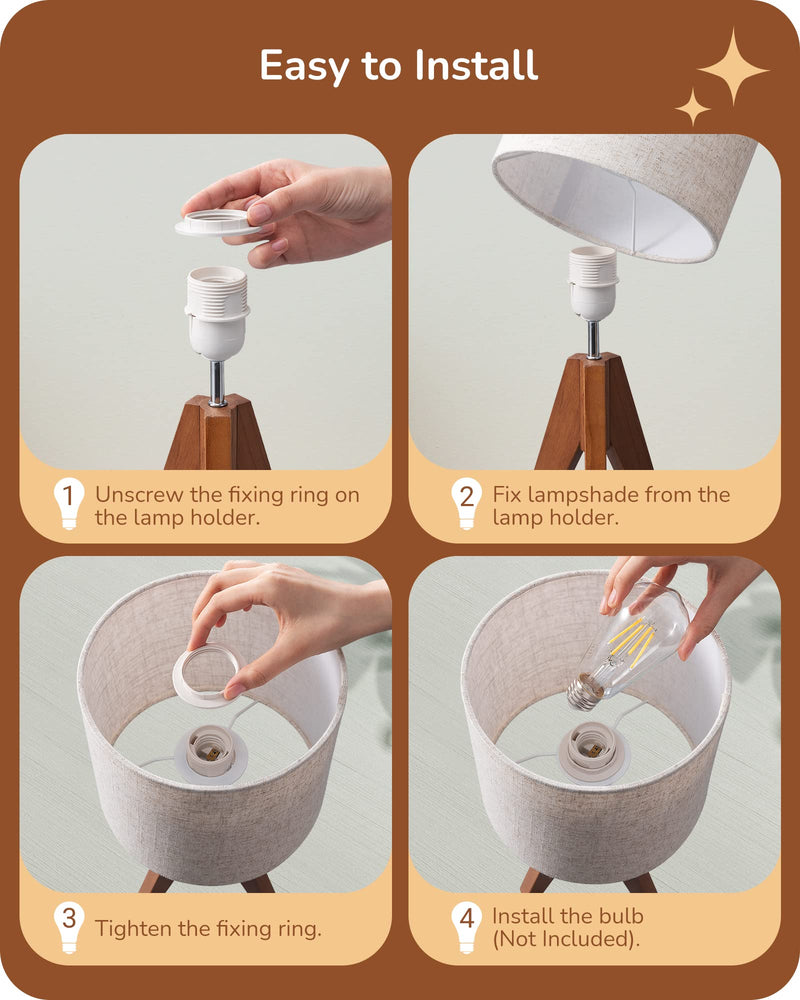 EDISHINE Tripod Table Lamp, Small Cute Bedside Lamp with Linen Beige Lampshade, Nightstand Lamp for Nursery, Bedroom, Kid Room, Living Room, Light Brown Wooden Base, E26 Socket, 14.2 Inch Bohemian