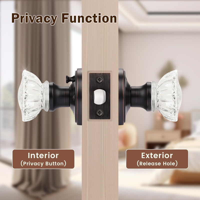 KNOBWELL Privacy Glass Door Knob Crystal Regency Fluted Door Knob with Victorian Plate Rosette in Oil Rubbed Bronze Set of 2 2 Pack