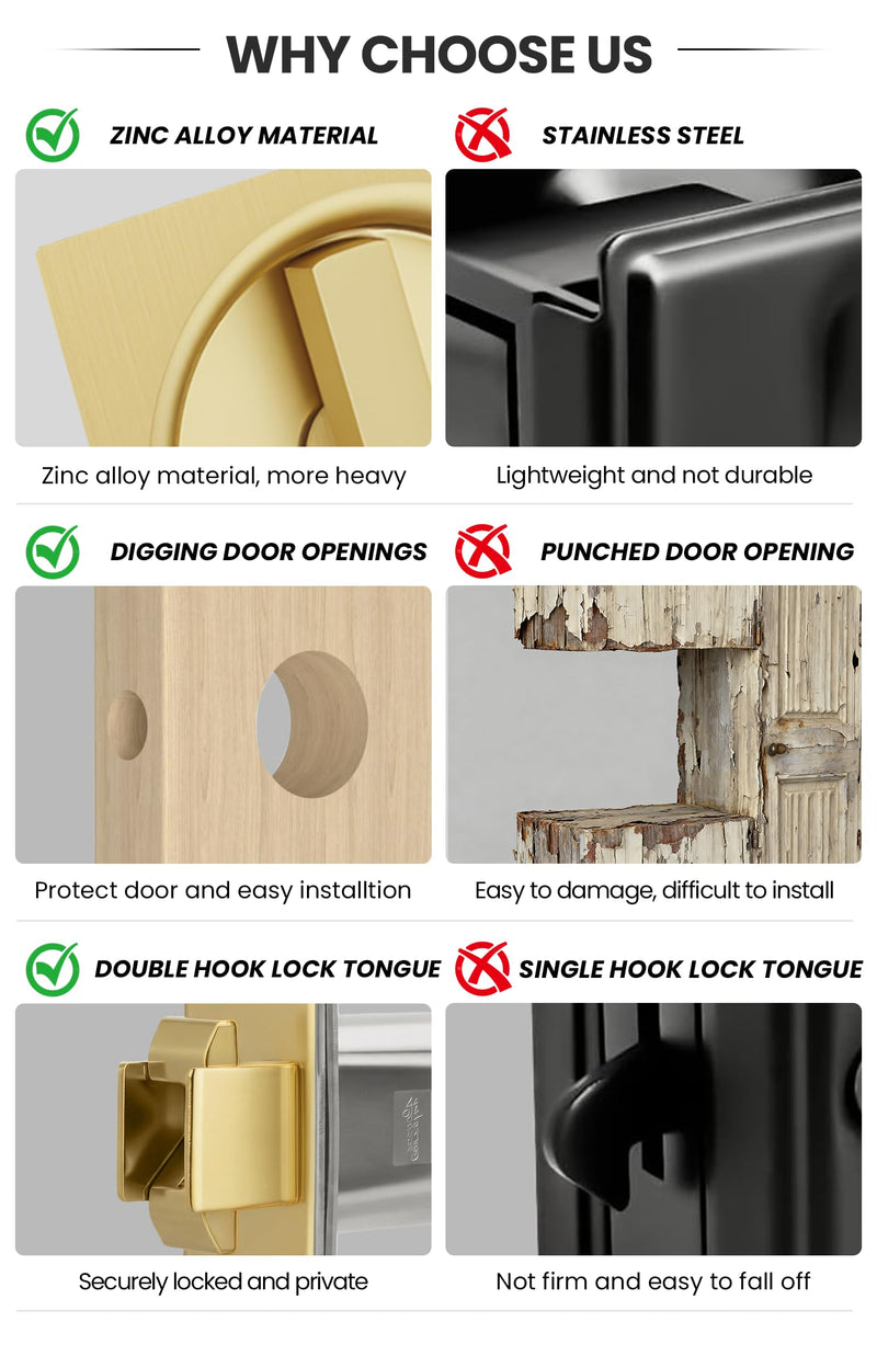 goldenwarm Brushed Gold Pocket Door Lock with Pull, Square Pocket Door Hardware 2-3/8" Backset, Gold Pocket Door Handles 1 Pack 2-3/8” Latch