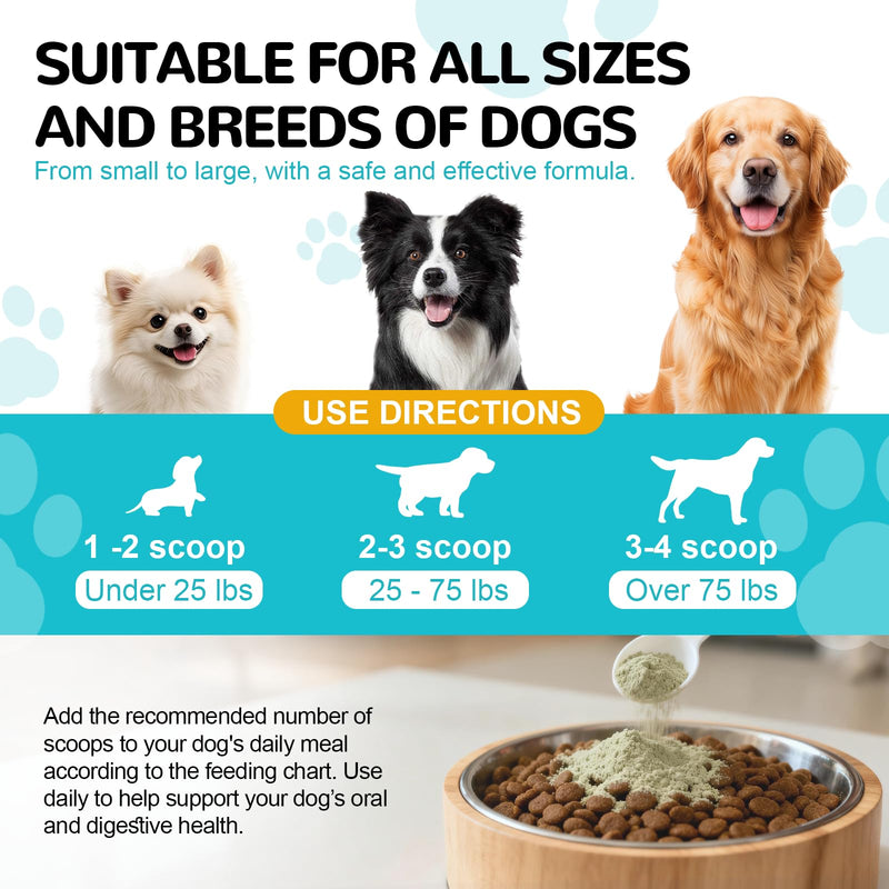 Dog Dental Powder - Teeth Cleaning Powder for Dogs Dental Care and Bad Breath Fresh, Plaque Reduce, Tartar Remover with Enzyme, Probiotics. PlaqueOff Pet Tooth Cleaning 120 Grams 60 Days Supply