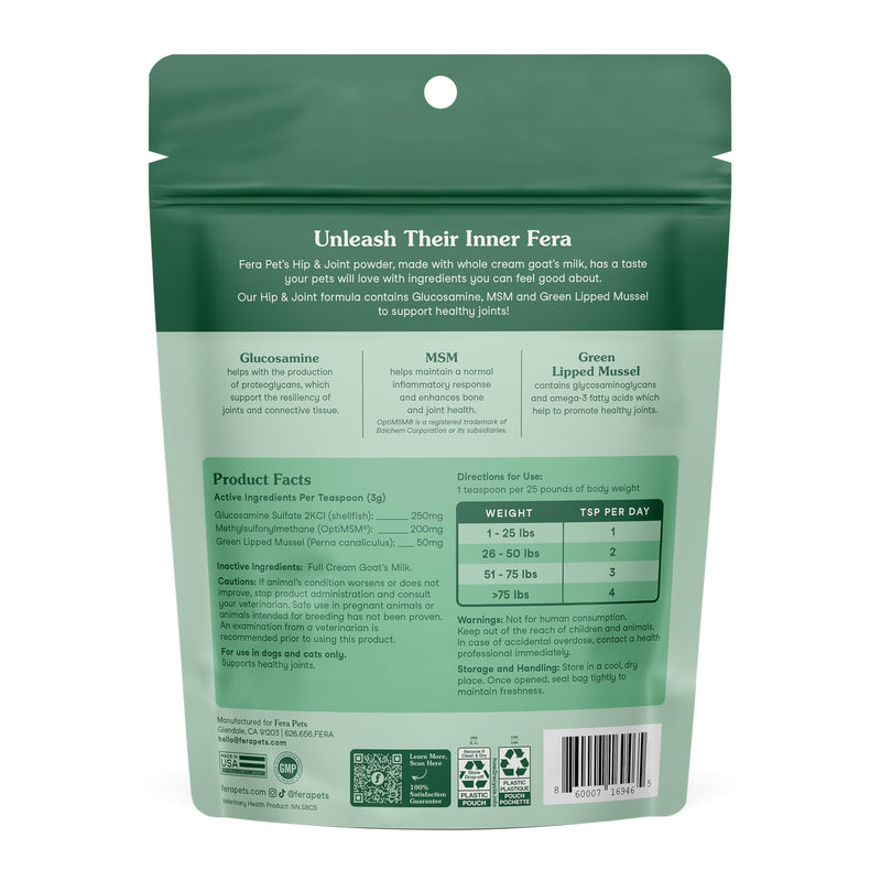 Fera Pets Goat Milk - Cat & Dog Hip and Joint Support with Glucosamine, MSM & Green Lipped Mussel - Supports Flexibility, Mobility & Bone Health - for Picky Eaters - 60 TSP Hip & Joint