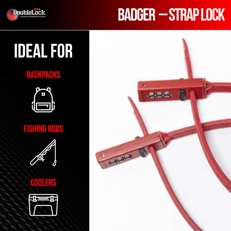 DoubleLock Badger Strap Lock 2 Pack, 19 Inch Strong and Pliable Combination Strap Locks, Resettable Zip Style Security for Helmets, Backpacks, Coolers, Skis, Strollers and Cabinets