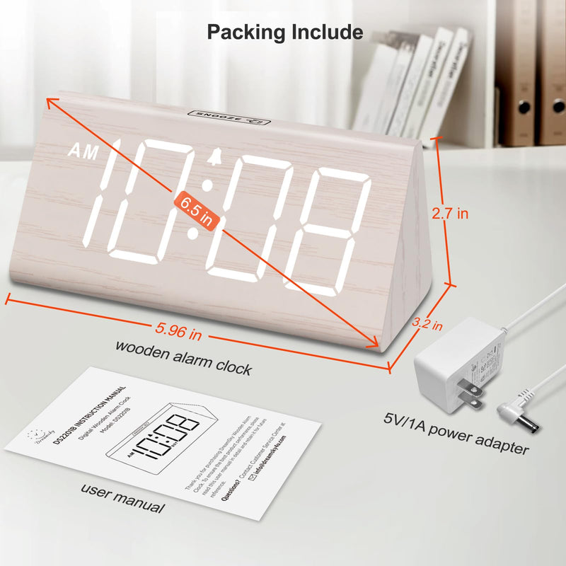 DreamSky Wooden Digital Alarm Clock for Bedroom - Living Room Desk Clock with Large Numbers, Bedside Nightstand Clock with USB Port, Adjustable Volume, Dimmer, DST, Office Wood Décor, Adapter Powered White (Plug-in)