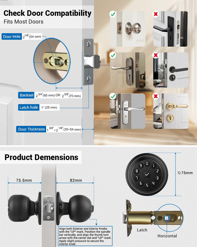 Keypad Smart Door Knob Lock, Keyless Entry Door Lock with Handle - Auto Lock for Front Door - Electrionic Code Door Lock for Bedrooms, Home Office, Garage, Apartment - Easy Installation Matte Black