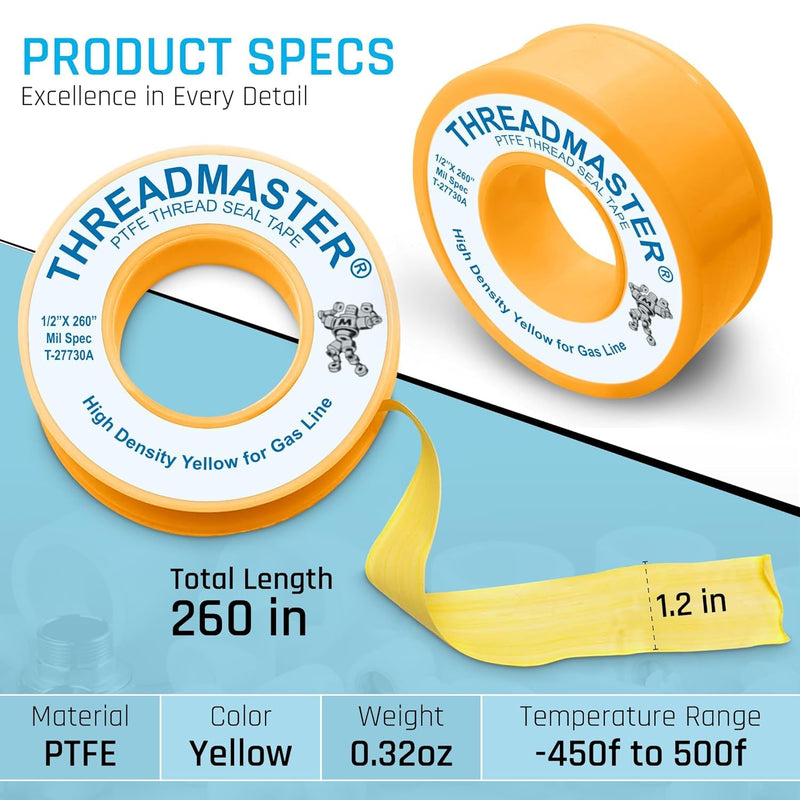 Yellow Gas Pipe Thread Sealant Tape - Pack of 1-260" Length 1/2" Width Thread Seal Tape - for Propane, Natural Gas, and More