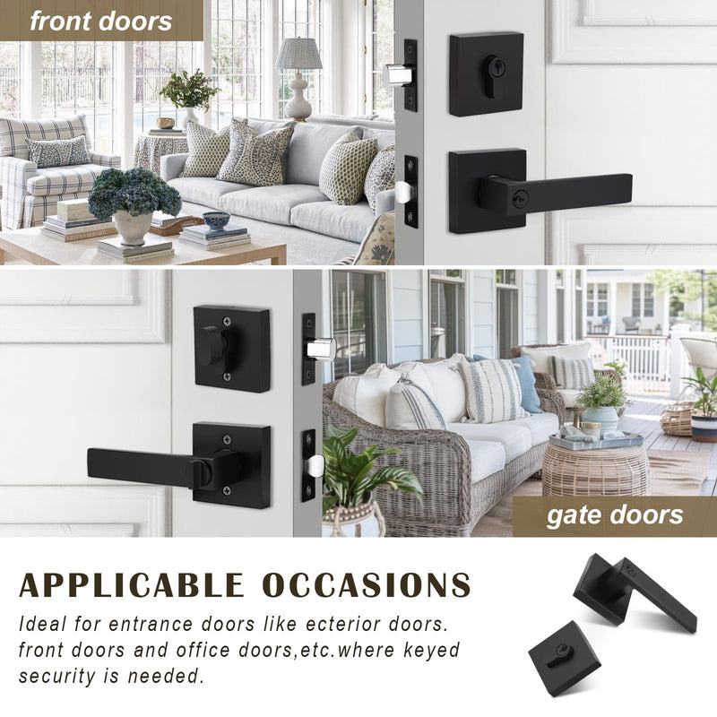 1 Pack Keyed Entry Door Lever and Single Cylinder Deadbolt Set, Keyed Alike Reversible Lockset, Matte Black Square Interior/Exterior Handleset for Bedroom, Front Door 1 Pack Modern Mattte Black