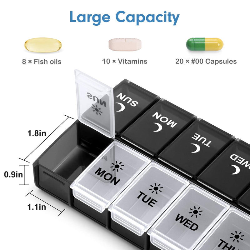 7 Day Pill Organizer 2 Times a Day, Large Weekly AM PM Pill Box, Day Night Medicine Organizer, Pill Case Twice A Day, Pill Container Black and White