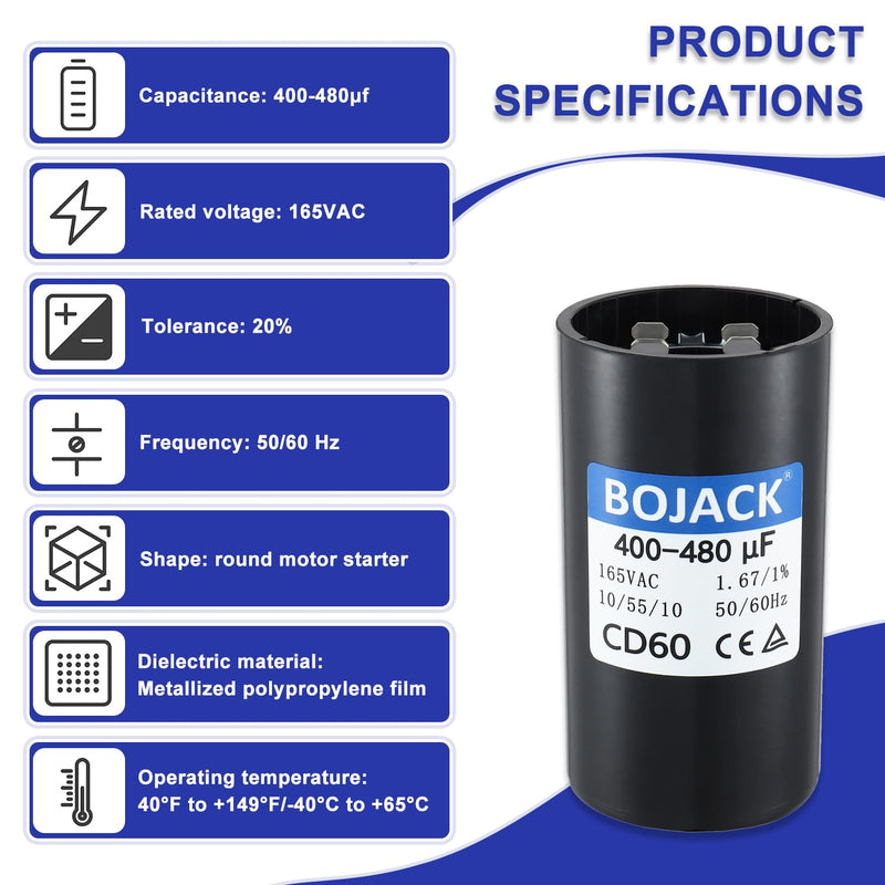 BOJACK 400-480 uf/MFD 165 VAC 50/60 Hz Universal Round Motor Start Capacitor CD60 Replacement for AC Motor Operation 165VAC