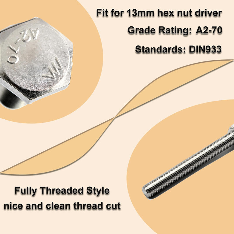 10Pcs M8 Hex Bolts M8x75mm Hex Head Bolts Stainless Steel 304 M8-1.25 Hex Bolt Fully Threaded Hex Tap Bolts Metric Hexagon Head Screw Machine Bolts Right Hand External Hex Drive M8*75mm