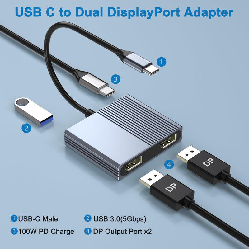 USB C to Dual DisplayPort Adapter with USB3.0/PD, 4K@60Hz 4-IN-1 DisplayPort Splitter for Dual Monitors Supports SST/MST Mode, USB C to Display Port Adapter, Displayport MST Hub for Dell/HP/Mac Laptop
