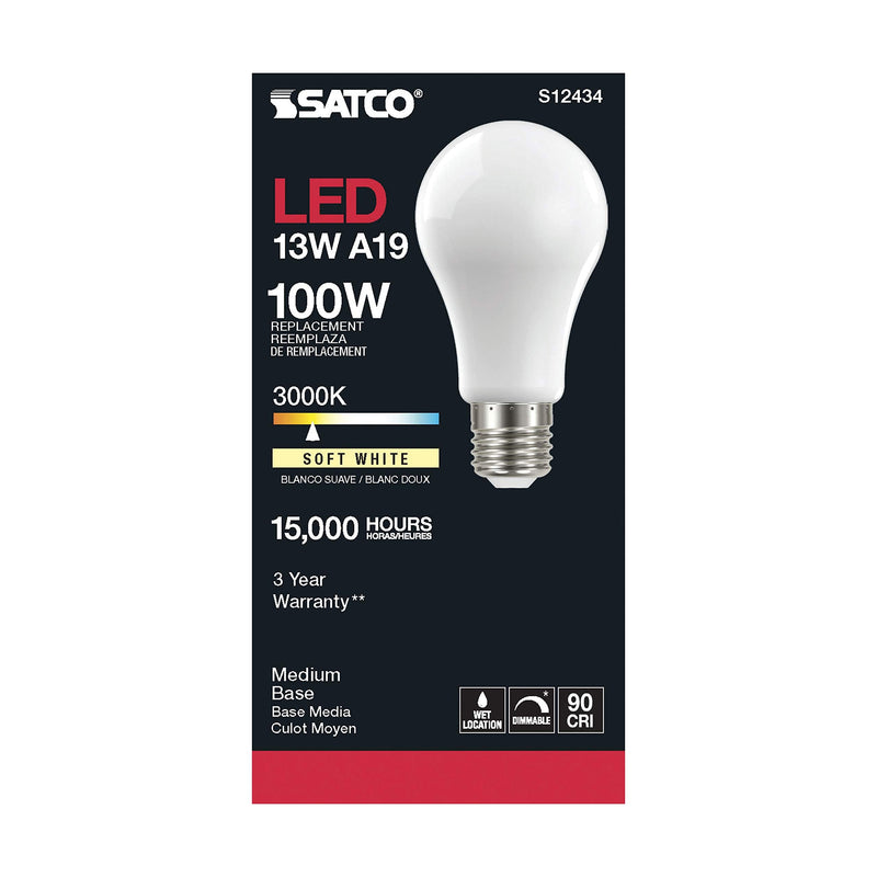 Satco (6 Pack Dimmable LED Filament Lamps, S12434, High Lumens, 13.5 Watt, A19, 3000K Soft White, 1500 Lumen, E26 Medium Base, 90 CRI, Soft White Finish, 120 Volt, Residential & Commercial
