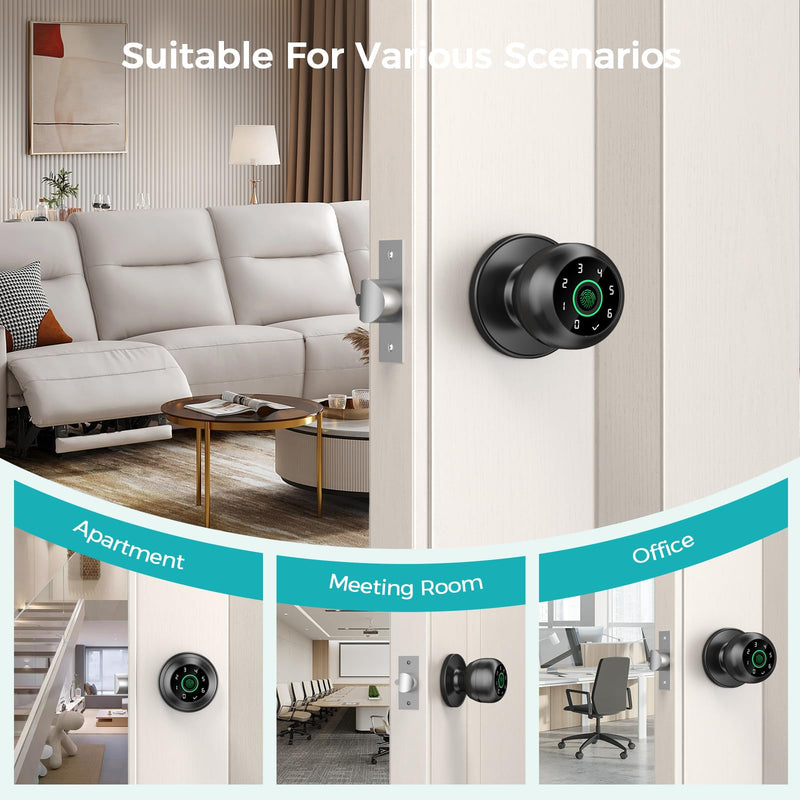 Fingerprint Door Lock，Fingerprint and Keypad Input Smart Door knob, App Controlled Biometric Door Lock, Keyless Entry, Bedroom, Office, Hotel, Apartment Auto Door knob (Black) Metallic Black