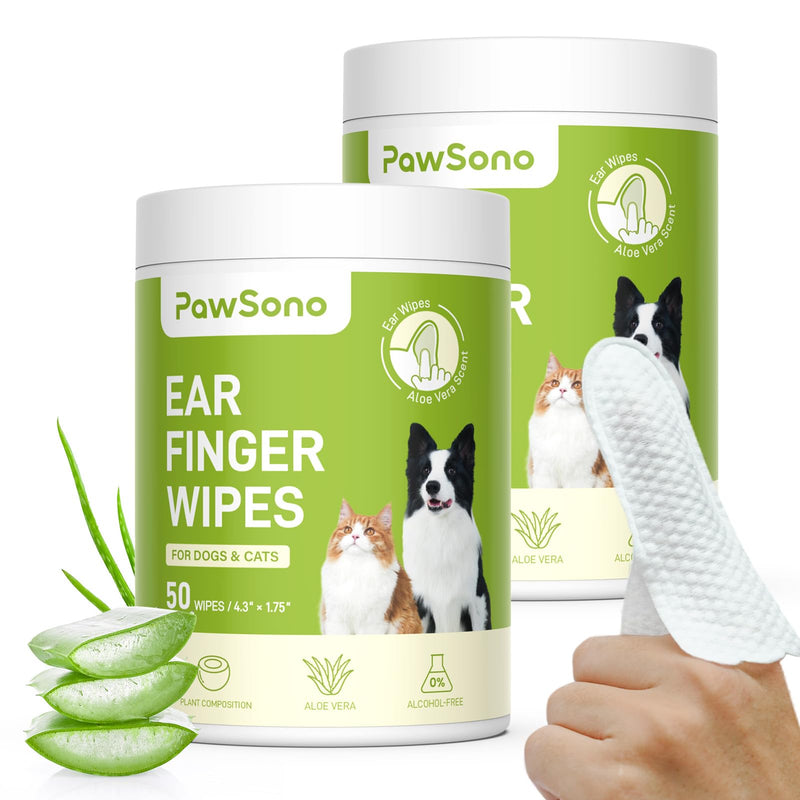 PawSono Ear Finger Wipes Eye Wipes for Dogs & Cats, Thicker Dog Ear Cleaner Wipes, Natural Relief Cat Ear Cleaner Dog, Pet Health Supplies for Dog Kitten Small Animal, Aloe Scent Deodorizing - 100 P 100 Count