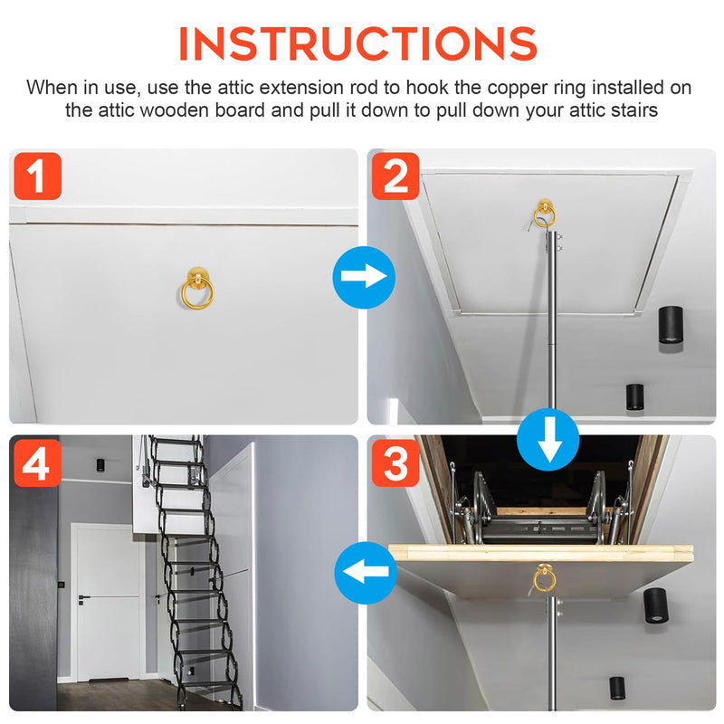 Complete Ladder Pull Down System Kit, Attic Stair Pull Kit, Includes 1 Attic Extension Rod up to 40 Inches and 1 Storage Hook.