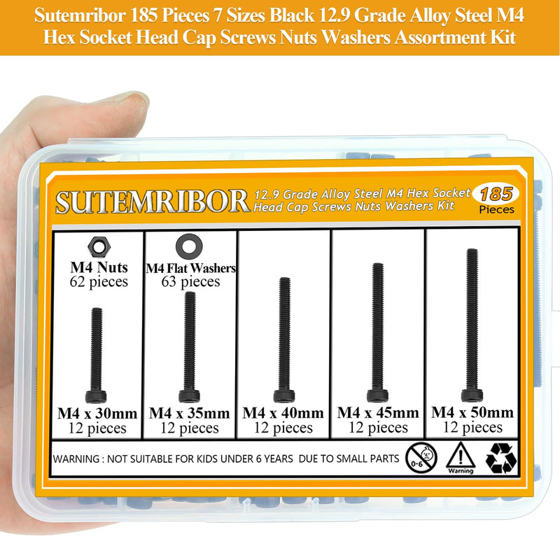 185 Pieces M4 x 30/35/40/45/50mm Hex Socket Head Cap Screws Nuts Washers Set Black, Sutemribor M4 Long Screws, M4 Black Screws Nuts Washers Assortment Kit, 12.9 Grade Alloy Steel, Fully Threaded M4 Long Screws Kit