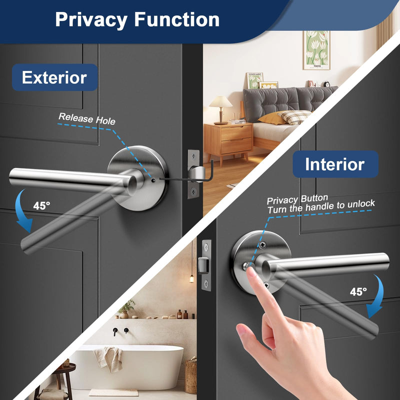 Orger 2 Pack Privacy Interior Door Handles for Bathroom and Bedroom, Stain Nickel Door Lock Handles, 304 Stainless Steel Keyless Door Knobs for Right & Left Sided Brushed Nickel