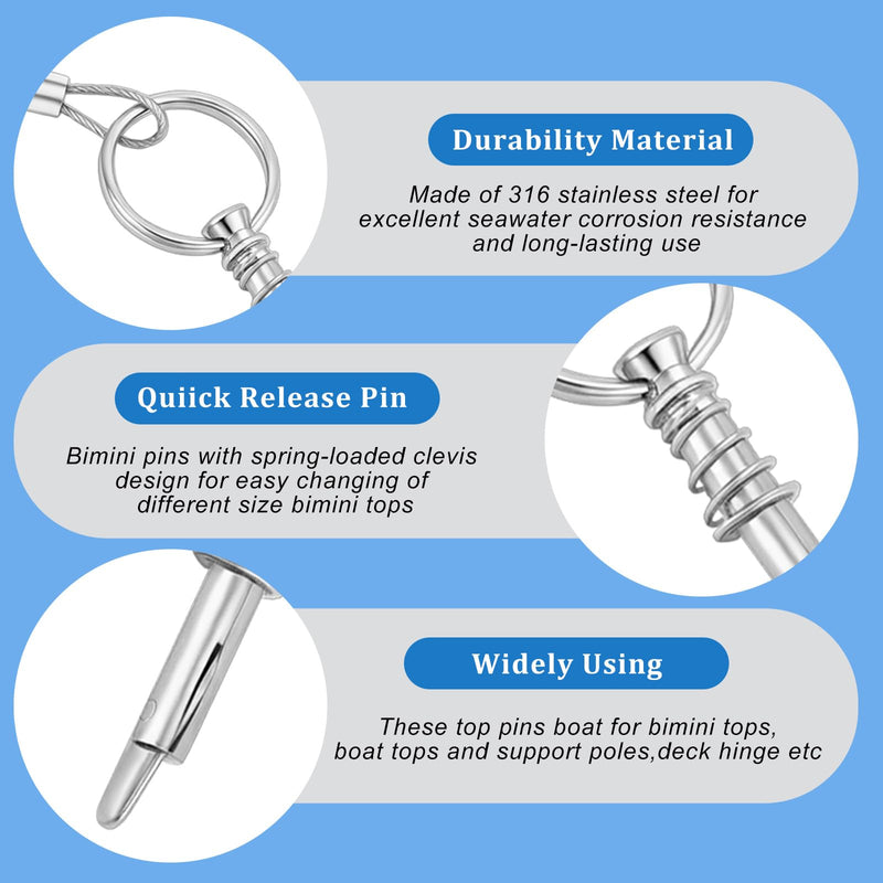 10 Pack 1/4" Quick Release Pins Diameter Bimini Top W/Lanyard Prevent Loss 316 Stainless Steel Pin for Boat Tops Yachts and Support Poles Sailboat Accessories Marine Hardware