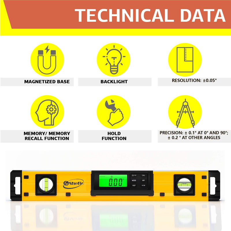 Digital Level Shefio - 18 Inch Level - Magnetic, Ip54 Dustproof And Waterproof - Protractor - Includes Batteries And Carrying Case - Smart Level