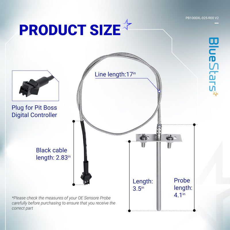 [Upgraded] BlueStars RTD Temperature Probe Sensor, Compatible with Pit Boss Pellet Grills and Smoker, Temp Probe Replacement, Meat Probe Sensor PB1000XL-025-R00 V2 (70123-AMP)
