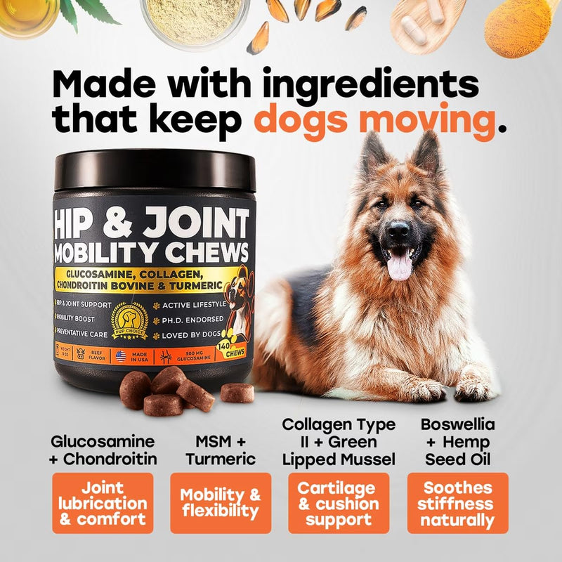 Glucosamine Chondroitin for Dogs – Hip and Joint Supplement with MSM, Hemp & Turmeric – Advanced Mobility Chews for Senior & Large Breed Dogs, Joint Pain Relief, Beef Flavor Hip & Joint Support - Beef 1 Pack