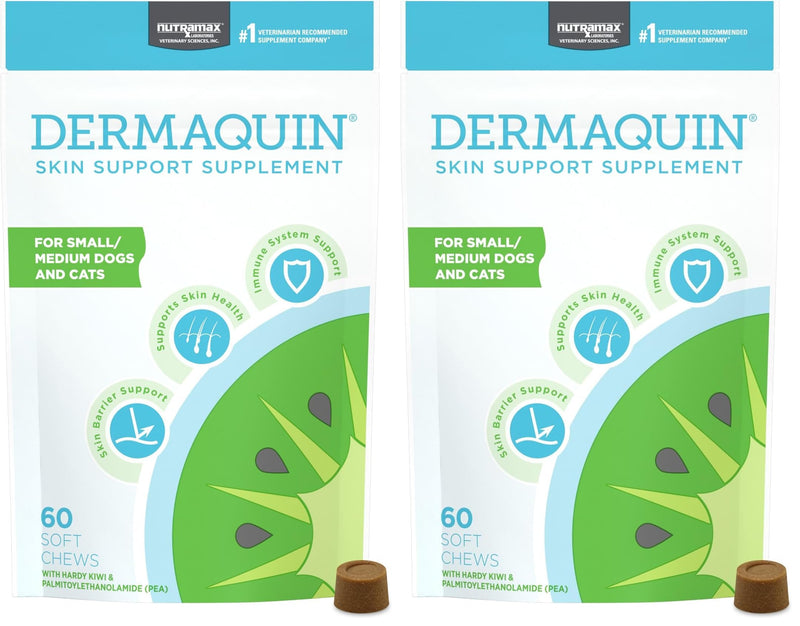Nutramax Dermaquin Skin Support Supplement for Small to Medium Dogs and Cats, Supports Healthy Response to Allergens, with Hardy Kiwi, Omega-3s, and More, Tasty Soft Chews, 60 Count (Pack of 2)