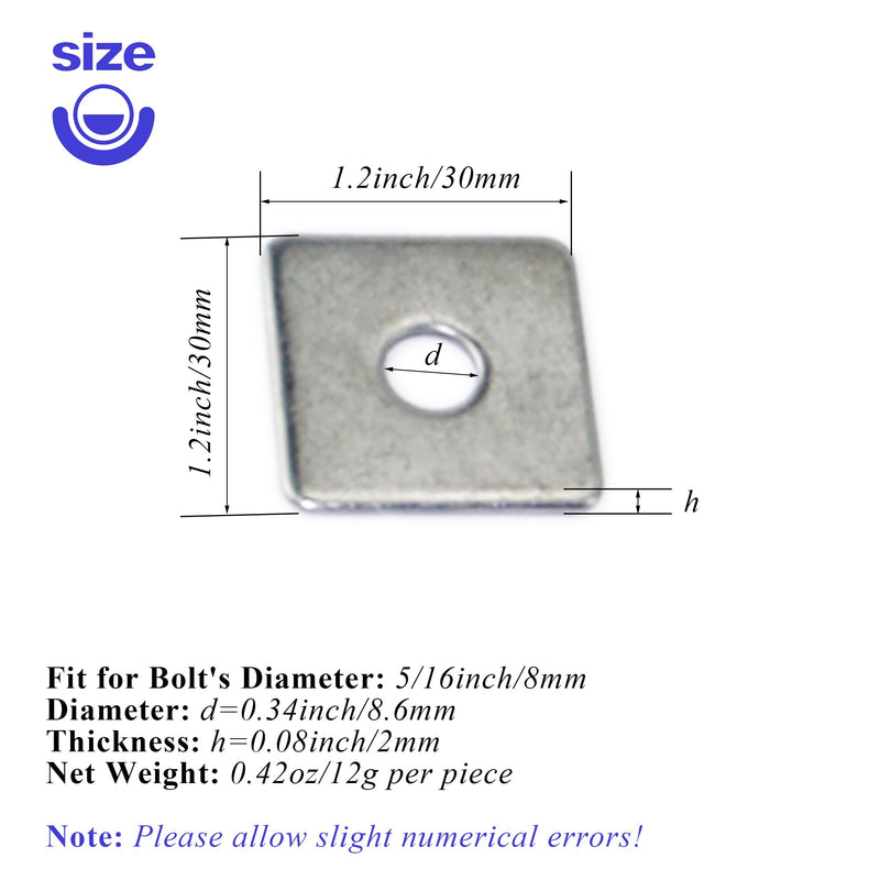 10 PCS Flat Square Plate Washers, M8x30x30x2 mm 304 Stainless Steel Square Flat Bearing Plate Washers Pad Spacer Gasket for Hardware Fastener, Fit for 5/16" Bolt, Thickness 2 mm, Silver, LXLVOUEG M8 X 30 X 30 X 2 mm Stainless Steel-Silver-10 PCS