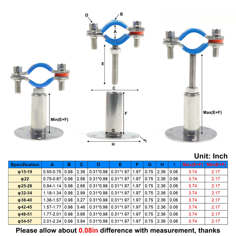 Kodilin 4PCS 304 Stainless Steel Wall Mount Ceiling Mount Pipe Supports,Suitable for OD Pipe 1/2"(19-22mm),Adjustable Height 50-100mm,Adjustable Pipe Strap Clamp with Screws Adjustable Height 50-100mm 4pcs 1/2"(19-22mm)