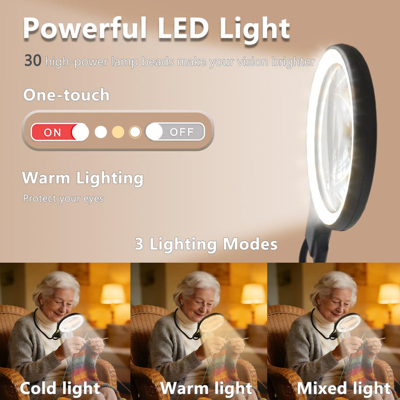 Hands-Free Magnifying Glass with Light, Rechargeable Neck Magnifier for Reading, Crafts, Cross Stitch - Adjustable Brightness for Low Vision Seniors & Close Work (White & Warm Light) White & Warm Light
