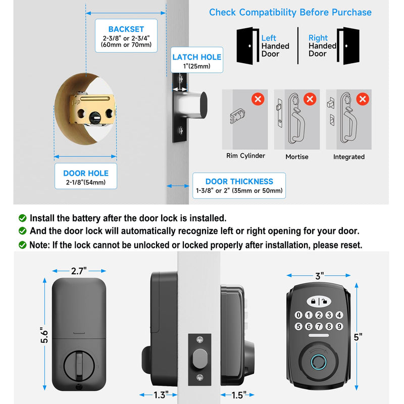 Fingerprint Door Lock - Keyless Entry Door Lock Smart Deadbolt Lock - Electronic Digital Keypad Lock - Smart Locks for Front Door - Auto Lock - Easy Installation Black