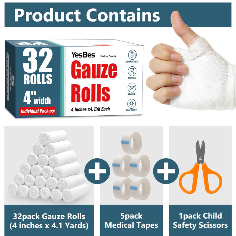 32 Pack Gauze Rolls, 4 in x 4.1 Yards, Premium Gauze Wrap Roll for Wounds, Bandage Wrap Rolled Gauze, Mummy Wraps, Individually Wrapped C-32p