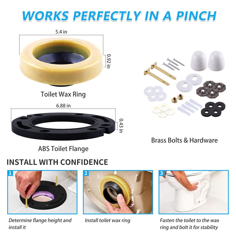 Toilet Flange with Wax Ring for Toilets Replacement Kit Includes Bolts PVC Toilet Flange Repair Kit for 3" or 4" Pipes, Fit Toilet Install & Repair with Standard Wax Ring