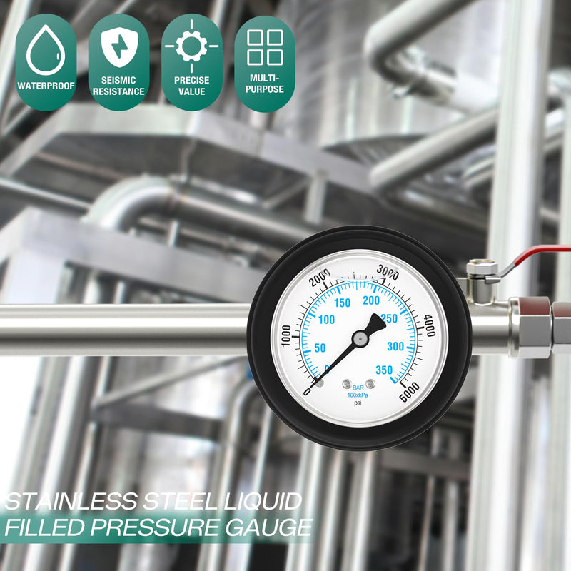 0-5000PSI Stainless Steel Liquid Filled Pressure Gauge, 2.5" Dial Size, 1/4" NPT Back Mount, with Rubber Protective Sleeve, for Tube, Water Pump, Gas, Liquid, Pressure Test 0-5000Psi BackMount