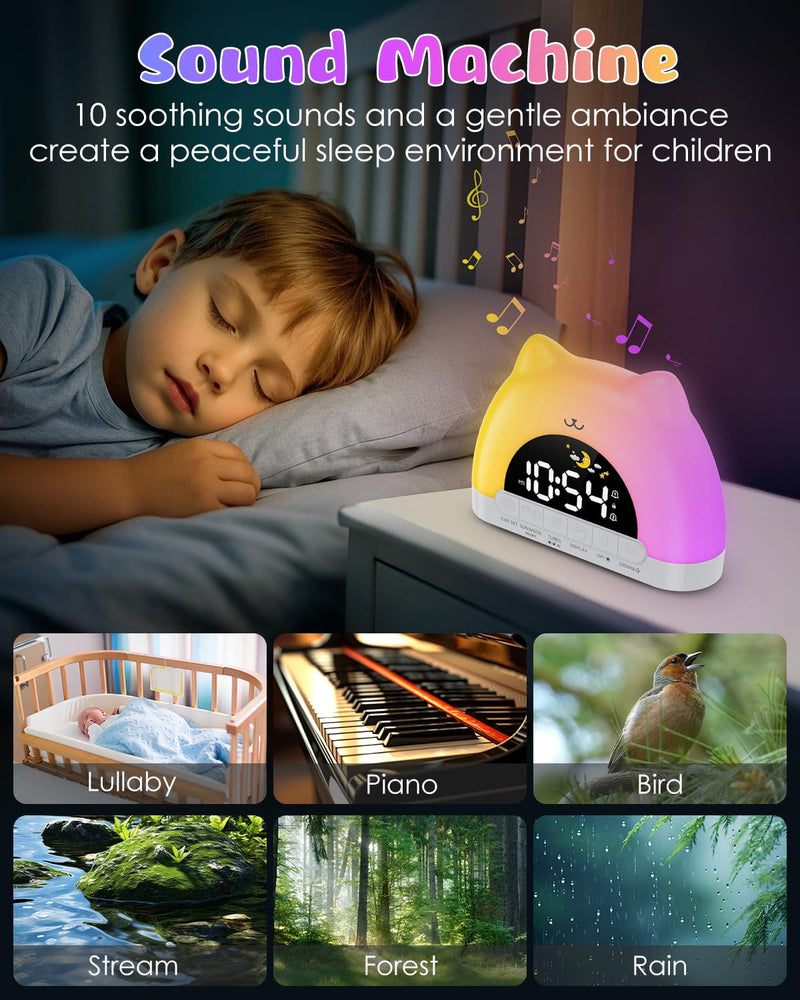Kids Alarm Clock, OK to Wake Alarm Clock for Kids, Cat Clock with 11 Colors Night Light, 10 Soothing Sounds, Child Lock, Dual Alarms, Sleep Training, Birthday Gift for Boy Girls Children White