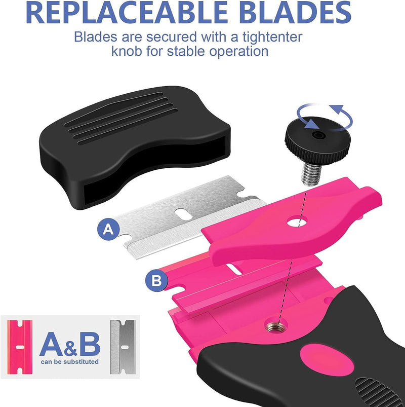 DEKEones Razor Blade Scraper, Double Edged Razorblade Scraping Tool with 10 Pcs Razor Blades, Paint Scraper for Glass, Decals, Tint, Stickers, Labels, Caulk, Adhesive(Pink) 1