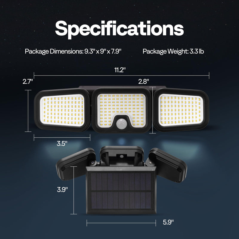 VIVOHOME Solar Flood Lights Outdoor, 256 LED 2500LM Motion Sensor Lights, 3 Adjustable Heads Security Lights, IP65 Waterproof, 270° Wide Lighting Angle Solar Powered Lights for Porch, Yard, 3 Pack
