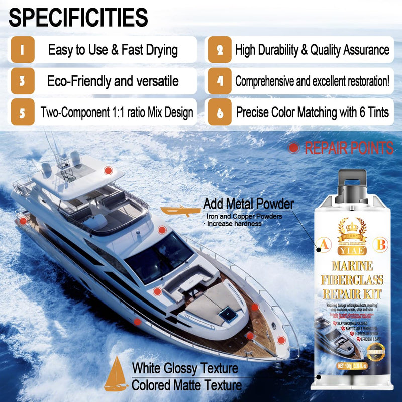 Marine Fiberglass Repair Kit for Boats Pro Gel Coat & Epoxy Resin to Fix Holes, Chips, Deep Cracks on Kayaks, Sailboats | DIY Fiberglass Boat Repair with Color Match and Fast Cure 200g