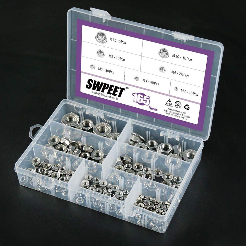 Swpeet 165Pcs 304 Stainless Steel Serrated Metric Flange Nuts Insert Hex Lock Nuts Assortment Kit - M3 M4 M5 M6 M8 M10 M12 M3-M12